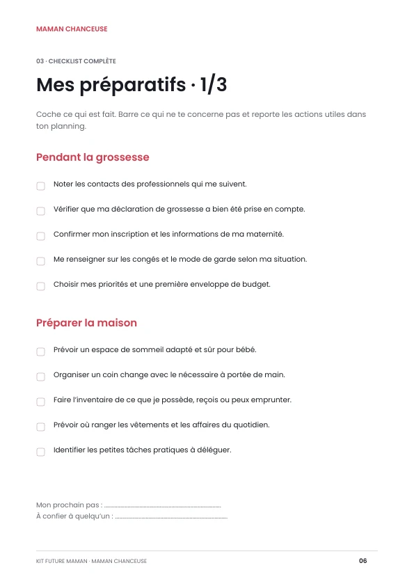 Checklist des préparatifs, première page sur trois