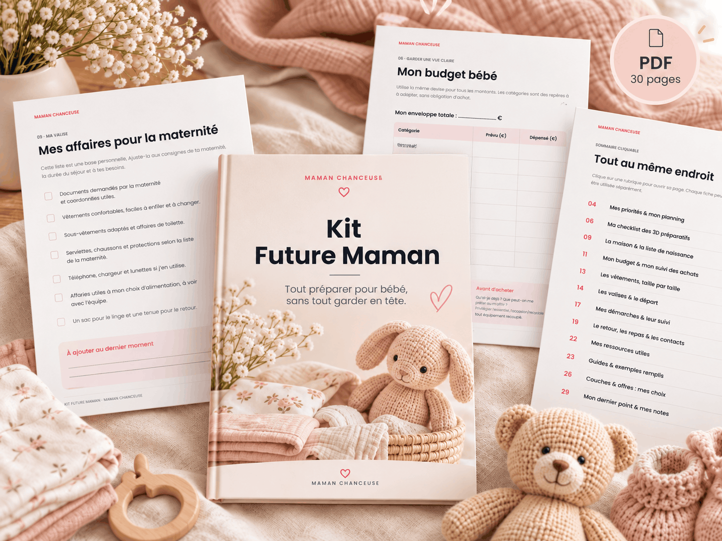 Présentation du Kit Future Maman avec les fiches budget, valise maternité et sommaire, dans un décor rose et crème